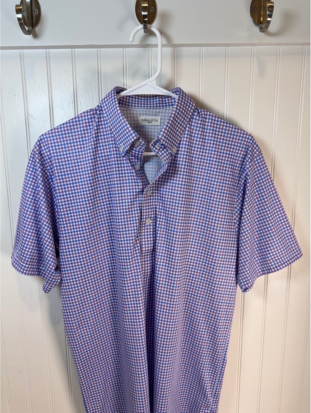 Collars & Co. Purple and White Checkered Short Sleeve Shirt Medium